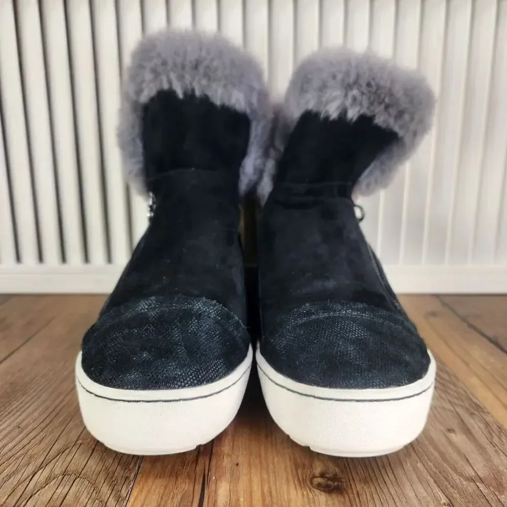 Jambu Erica Womens Sz 8M Black Faux Fur Zip Suede Ankle Winter Booties Boots